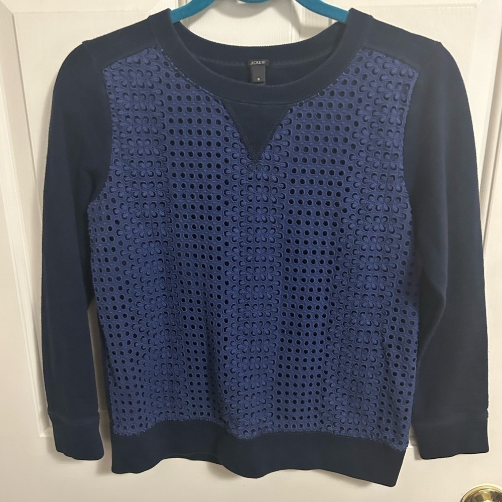 J. Crew Eyelet Front Sweatshirt Top Navy Blue Size Small